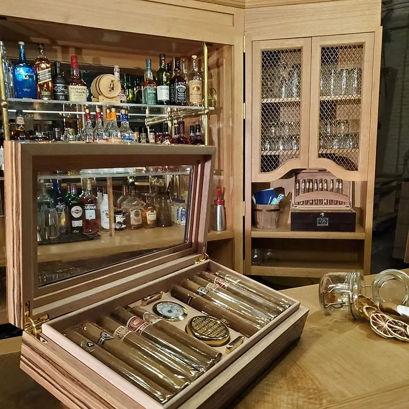 Brass and leather detailing on The Old Fashioned bar